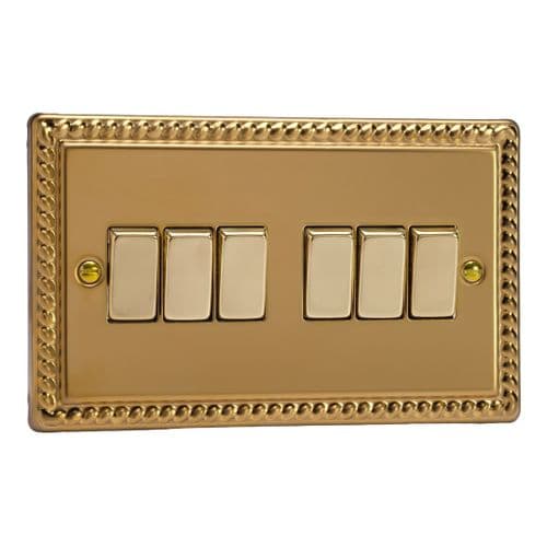 Varilight XG96D Georgian Polished Brass 6 Gang 10A 1 or 2 Way Rocker Light Switch