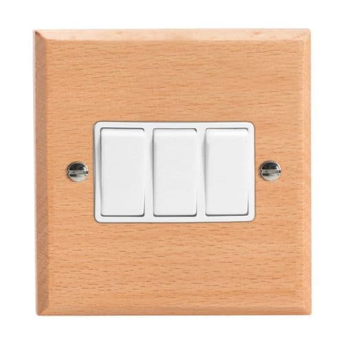 Varilight XK3BEW Kilnwood Scandic Beech 3 Gang 10A 1 or 2 Way Rocker Light Switch