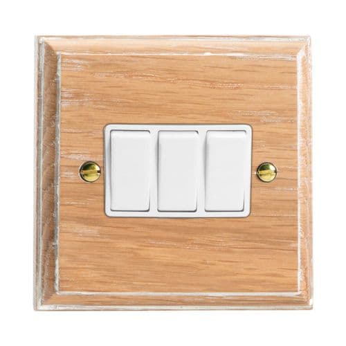 Varilight XK3LOW Kilnwood Limed Oak 3 Gang 10A 1 or 2 Way Rocker Light Switch