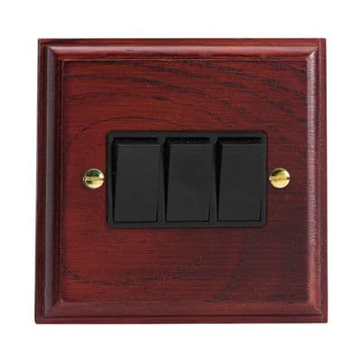 Varilight XK3MB Kilnwood Mahogany 3 Gang 10A 1 or 2 Way Rocker Light Switch