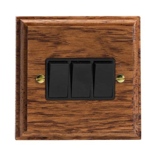 Varilight XK3MOB Kilnwood Medium Oak 3 Gang 10A 1 or 2 Way Rocker Light Switch