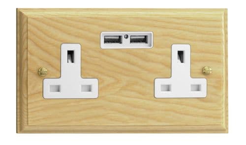 Varilight XK5U2AW Kilnwood Ash 2 Gang Double 13A Unswitched Plug Socket 2.1A USB