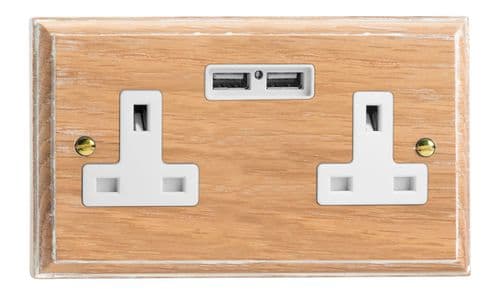 Varilight XK5U2LOW Kilnwood Limed Oak 2 Gang Double 13A Unswitched Plug Socket 2.1A USB