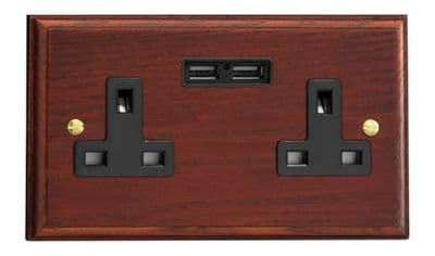 Varilight XK5U2MB Kilnwood Mahogany 2 Gang Double 13A Unswitched Plug Socket 2.1A USB