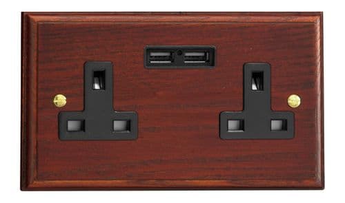 Varilight XK5U2MB Kilnwood Mahogany 2 Gang Double 13A Unswitched Plug Socket 2.1A USB