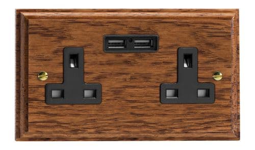 Varilight XK5U2MOB Kilnwood Medium Oak 2 Gang Double 13A Unswitched Plug Socket 2.1A USB
