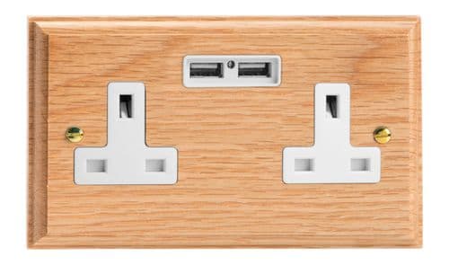 Varilight XK5U2OW Kilnwood Oak 2 Gang Double 13A Unswitched Plug Socket 2.1A USB