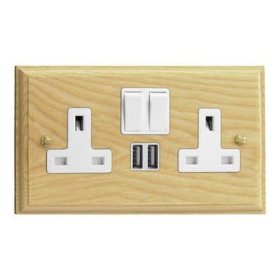 Varilight XK5U2SAW Kilnwood Ash 2 Gang Double 13A Switched Plug Socket 2.1A USB
