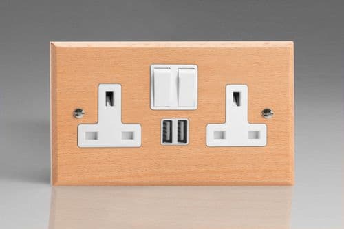 Varilight XK5U2SBEW Kilnwood Scandic Beech 2 Gang Double 13A Switched Plug Socket 2.1A USB