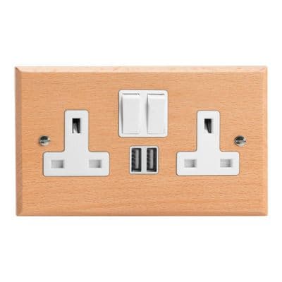Varilight XK5U2SBEW Kilnwood Scandic Beech 2 Gang Double 13A Switched Plug Socket 2.1A USB