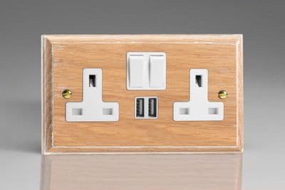 Varilight XK5U2SLOW Kilnwood Limed Oak 2 Gang Double 13A Switched Plug Socket 2.1A USB