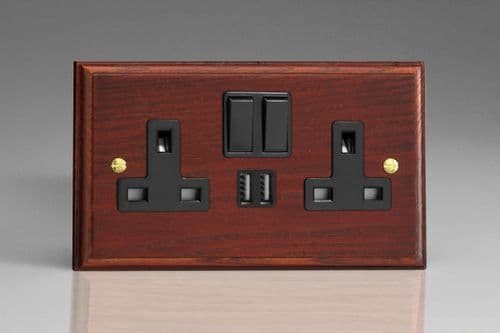 Varilight XK5U2SMB Kilnwood Mahogany 2 Gang Double 13A Switched Plug Socket 2.1A USB