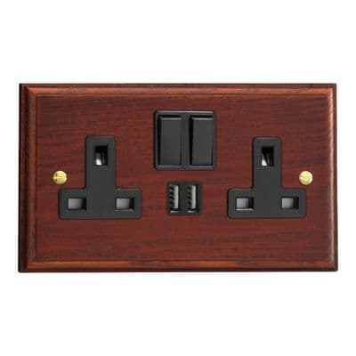 Varilight XK5U2SMB Kilnwood Mahogany 2 Gang Double 13A Switched Plug Socket 2.1A USB