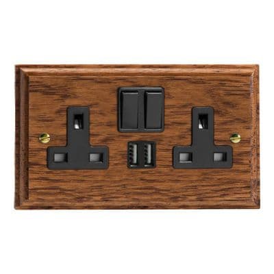 Varilight XK5U2SMOB Kilnwood Medium Oak 2 Gang Double 13A Switched Plug Socket 2.1A USB
