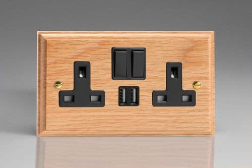 Varilight XK5U2SOB Kilnwood Oak 2 Gang Double 13A Switched Plug Socket 2.1A USB