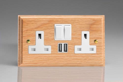 Varilight XK5U2SOW Kilnwood Oak 2 Gang Double 13A Switched Plug Socket 2.1A USB
