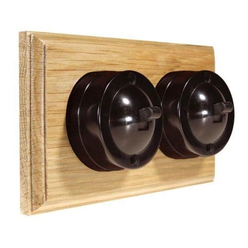 Varilight XKB2OV Kilnwood Oak 2 Gang 6A 2 Way Bakelite Dome Wooden Base Vertical (single wall box)
