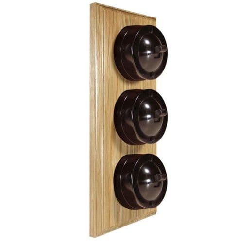 Varilight XKB3OV Kilnwood Oak 3 Gang 6A 2 Way Bakelite Dome Wooden Base Vertical (single wall box)