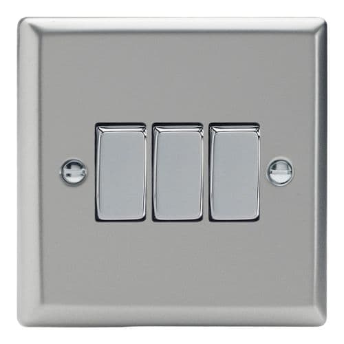 Varilight XN3D Classic Satin Chrome 3 Gang 10A 1 or 2 Way Rocker Light Switch