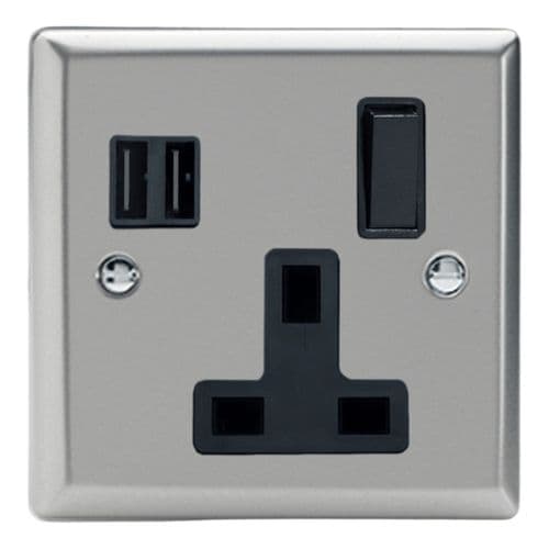 Varilight XN4U2SB Classic Satin Chrome 1 Gang 13A Single Pole Switched USB Socket