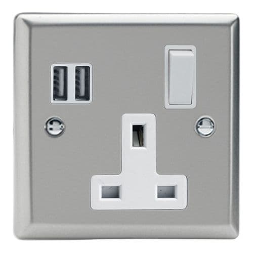 Varilight XN4U2SW Classic Satin Chrome 1 Gang 13A Single Pole Switched USB Socket