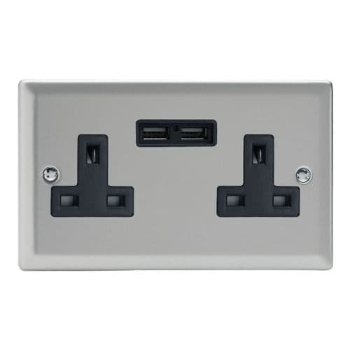 Varilight XN5U2B Classic Satin Chrome 2 Gang Double 13A Unswitched Plug Socket 2.1A USB