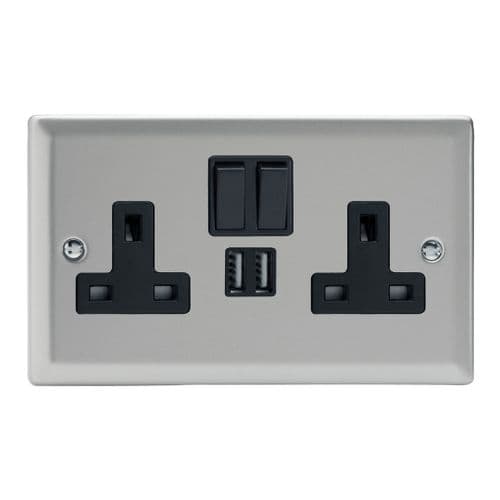 Varilight XN5U2SB Classic Satin Chrome 2 Gang Double 13A Switched Plug Socket 2.1A USB
