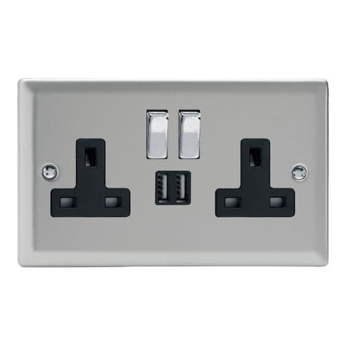Varilight XN5U2SDB Classic Satin Chrome 2 Gang Double 13A Switched Plug Socket 2.1A USB