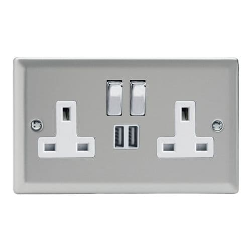 Varilight XN5U2SDW Classic Satin Chrome 2 Gang Double 13A Switched Plug Socket 2.1A USB