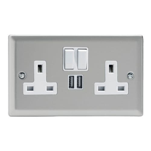 Varilight XN5U2SW Classic Satin Chrome 2 Gang Double 13A Switched Plug Socket 2.1A USB
