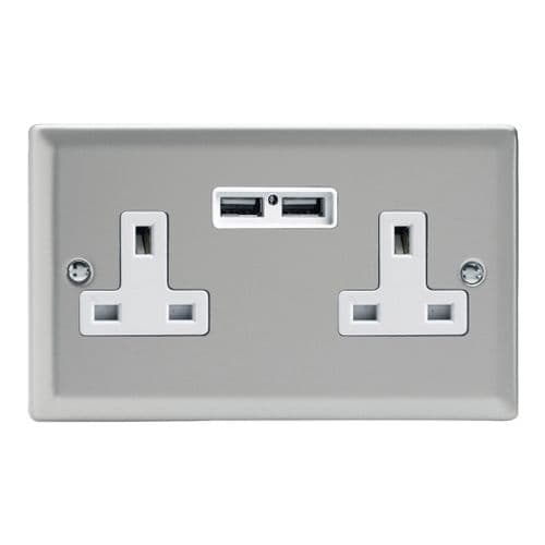 Varilight XN5U2W Classic Satin Chrome 2 Gang Double 13A Unswitched Plug Socket 2.1A USB
