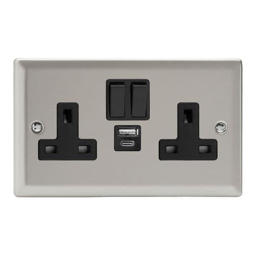 Varilight XN5UACB Classic Satin Chrome 2 Gang Double 13A Plug Socket 3.1A 20W USB A + C