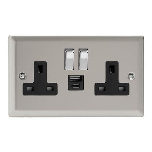Varilight XN5UACDB Classic Satin Chrome 2 Gang 13A USB A+C Plug Socket