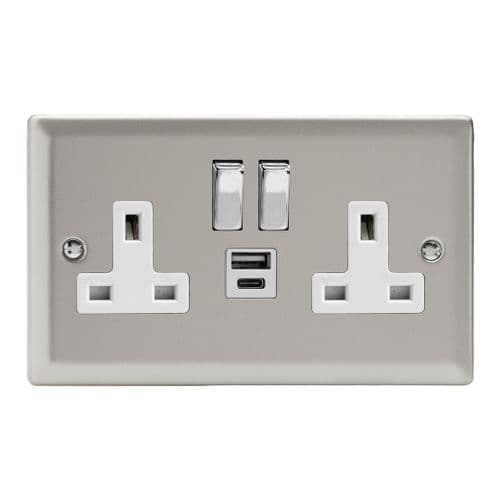 Varilight XN5UACDW Classic Satin Chrome 2 Gang 13A USB A+C Plug Socket