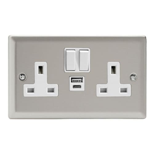 Varilight XN5UACW Classic Satin Chrome 2 Gang Double 13A Plug Socket 3.1A 20W USB A + C