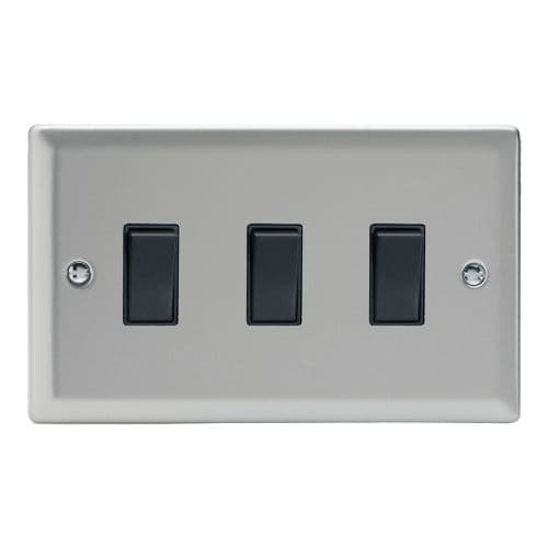 Varilight XN93B Classic Satin Chrome 3 Gang 10A 1 or 2 Way Rocker Light Switch (Twin Plate)