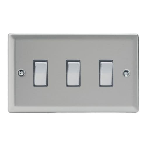 Varilight XN93D Classic Satin Chrome 3 Gang 10A 1 or 2 Way Rocker Light Switch (Twin Plate)