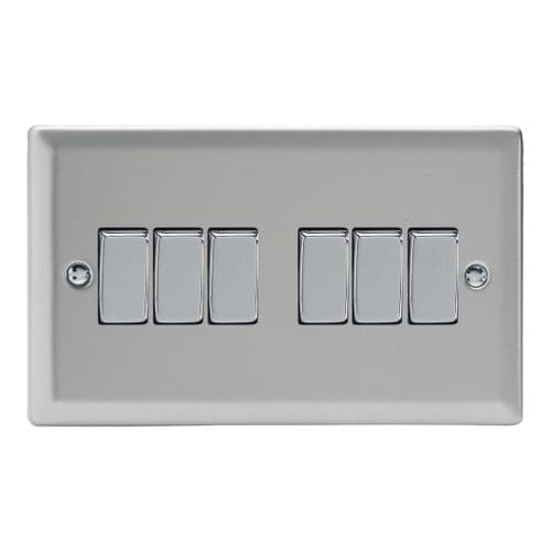 Varilight XN96D Classic Satin Chrome 6 Gang 10A 1 or 2 Way Rocker Light Switch