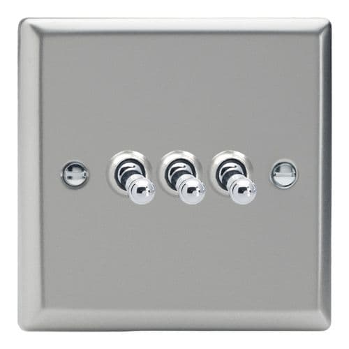 Varilight XNT3 Classic Satin Chrome 3 Gang 10A 1 or 2 Way Toggle Light Switch