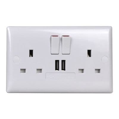 Varilight XO5U2SW Value Polar White 2 Gang Double 13A Switched Plug Socket 2.1A USB