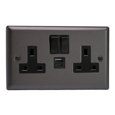 Varilight XP5UACB Classic Graphite 21 2 Gang Double 13A Plug Socket 3.1A 20W USB A + C