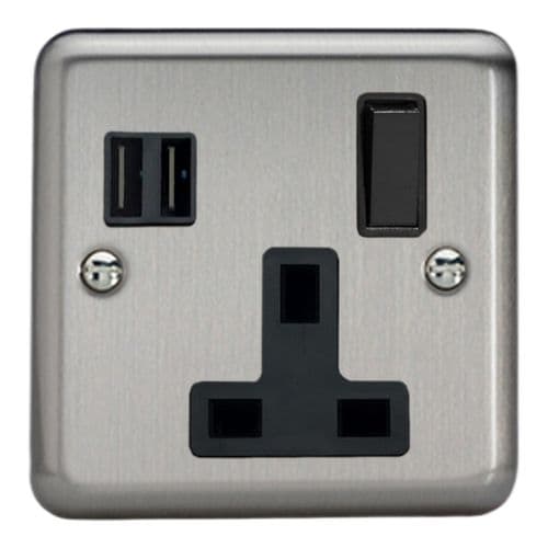 Varilight XS4U2SB Classic Matt Chrome 1 Gang 13A Socket 2 x 17W Shared USB A Charging Ports