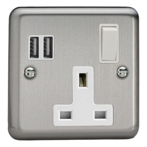 Varilight XS4U2SW Classic Matt Chrome 1 Gang 13A Socket 2 x 17W Shared USB A Charging Ports