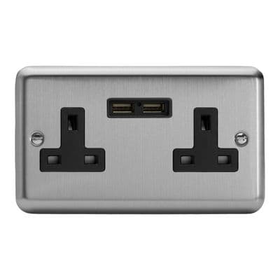 Varilight XS5U2B Classic Matt Chrome 2 Gang Double 13A Unswitched Plug Socket 2.1A USB