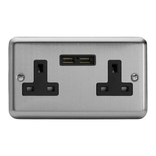 Varilight XS5U2B Classic Matt Chrome 2 Gang Double 13A Unswitched Plug Socket 2.1A USB