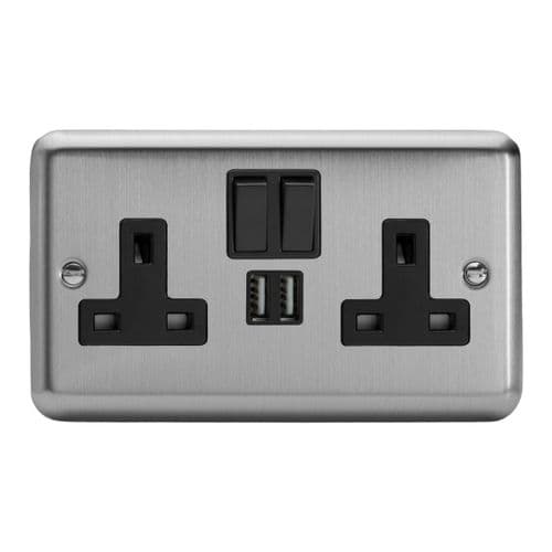 Varilight XS5U2SB Classic Matt Chrome 2 Gang Double 13A Switched Plug Socket 2.1A USB