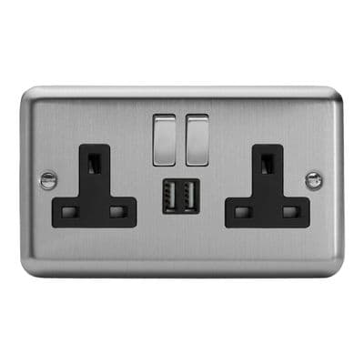 Varilight XS5U2SDB Classic Matt Chrome 2 Gang Double 13A Switched Plug Socket 2.1A USB