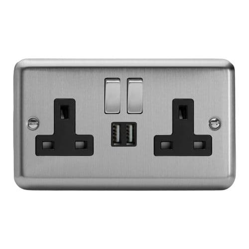Varilight XS5U2SDB Classic Matt Chrome 2 Gang Double 13A Switched Plug Socket 2.1A USB