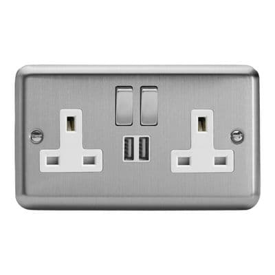 Varilight XS5U2SDW Classic Matt Chrome 2 Gang Double 13A Switched Plug Socket 2.1A USB