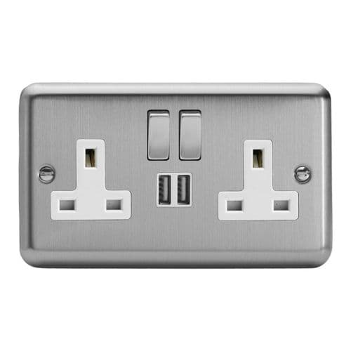Varilight XS5U2SDW Classic Matt Chrome 2 Gang Double 13A Switched Plug Socket 2.1A USB